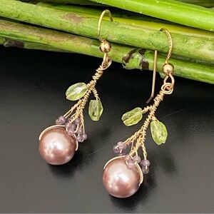 Handmade 14/20 GF Gold-filled Faux Pearl Wire Wrap Beaded Drop Earrings 4g